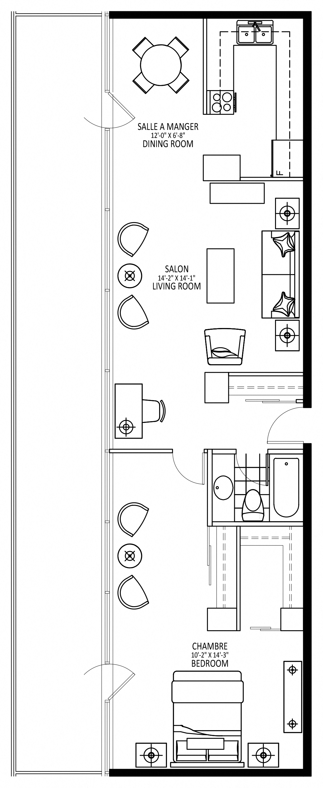 Floor plan for 1 bed, 1 bath